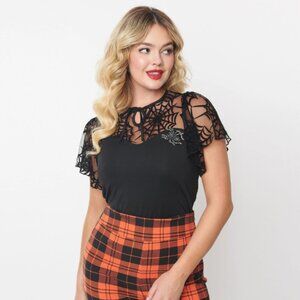 Unique Vintage Black Flocked Spiderweb & Brooch Flutter Sleeve Top
